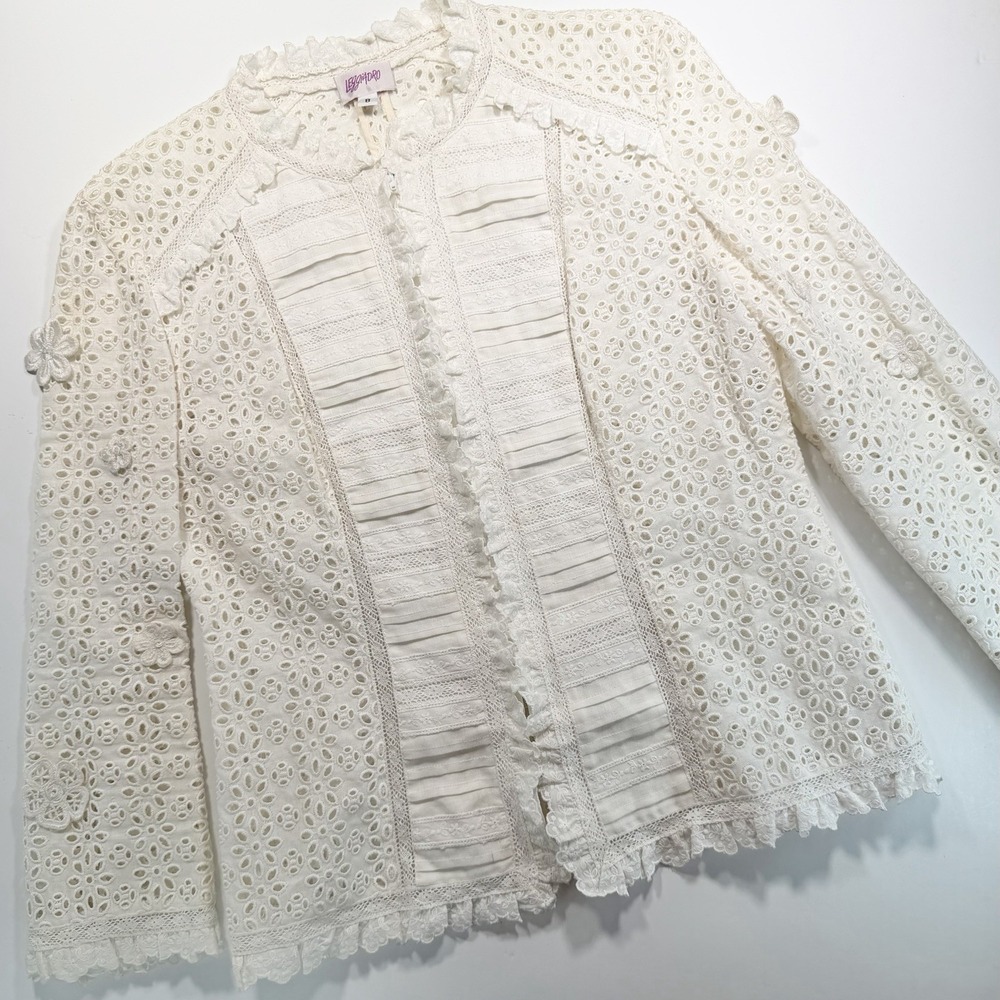 Leggiadro Women's Vintage Military Style Jacket 8 White Eyelet Lace Trim